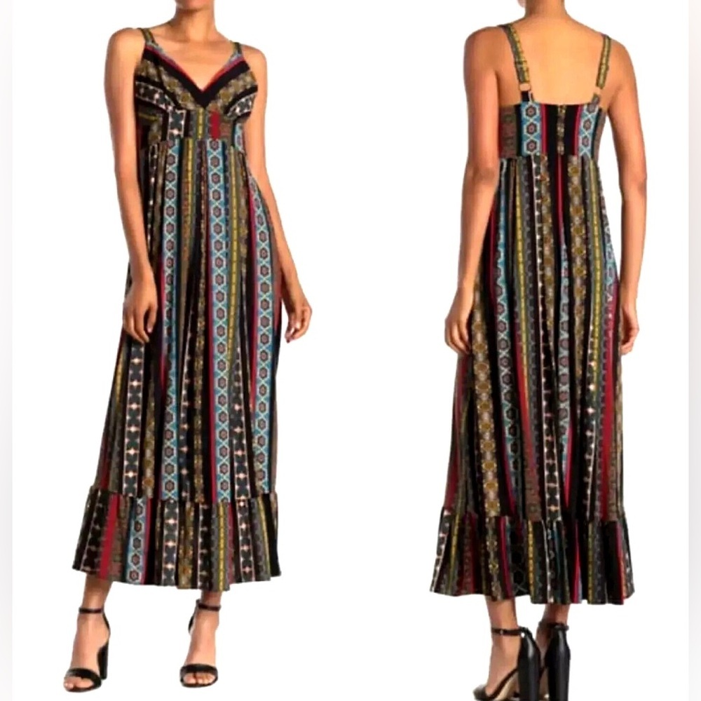 Tahari Black Multi-Stripe Maxi Dress with Red and Teal Accents